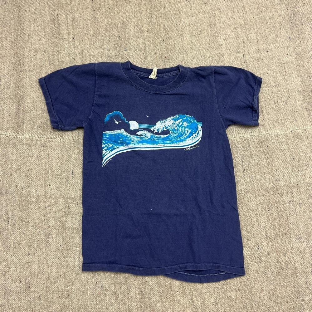 Vintage‎ Hawaii Shirt Mens Small Blue 1970s USA Ocean Waves